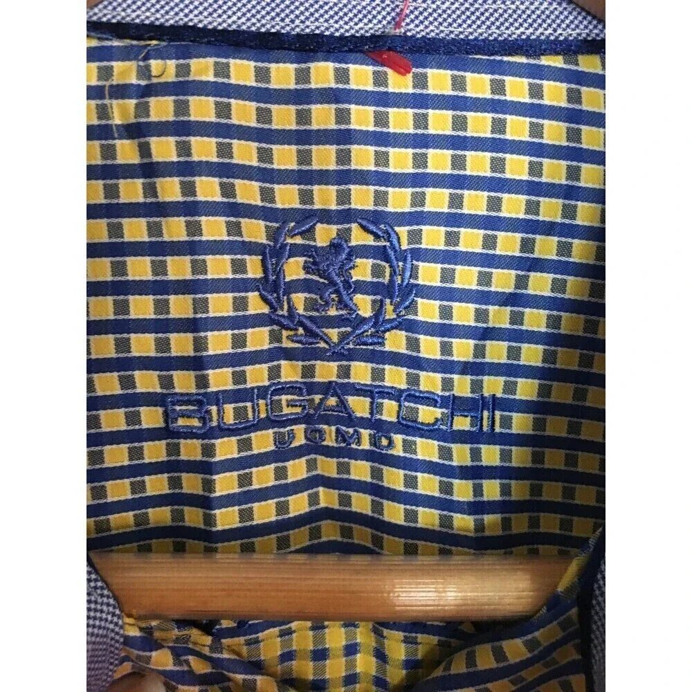 Bugatchi Vomo Dress Shirt Men's Size 15 34/25 Yellow Blue Long Sleeve